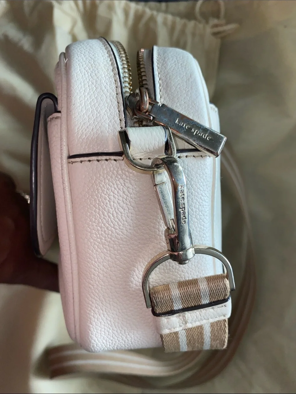 kate spade White Leather Crossbody with Striped Tan Strap